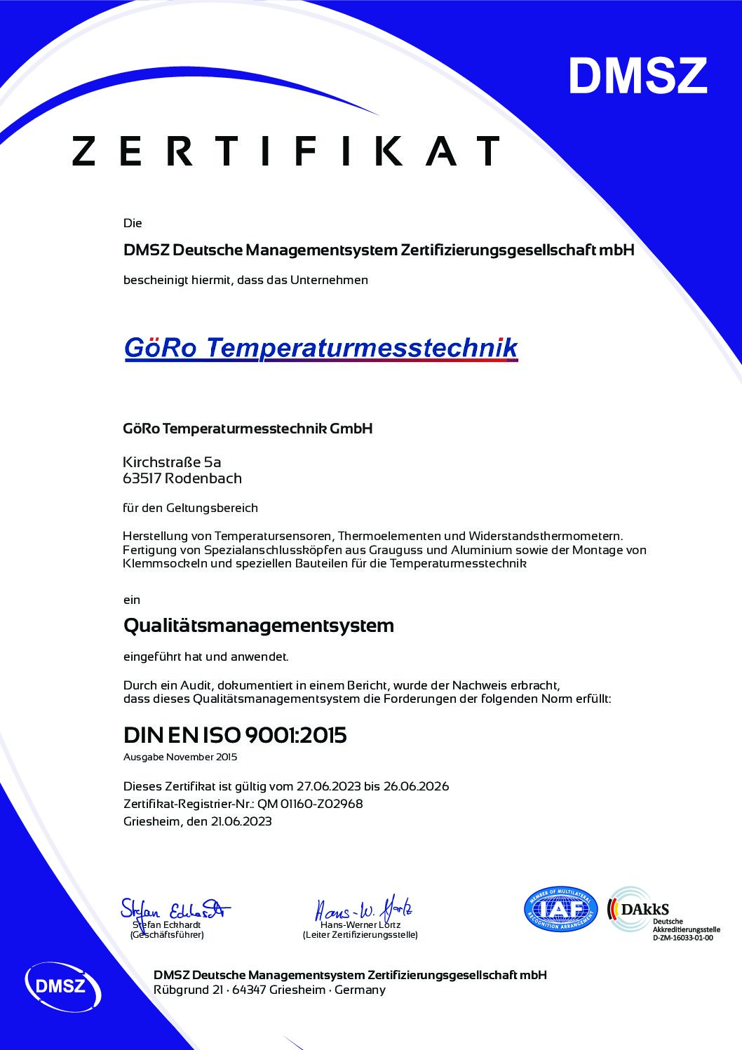 GöRo Temperaturmesstechnik GmbH nach DIN EN ISO 9001:2015 zertifiziert